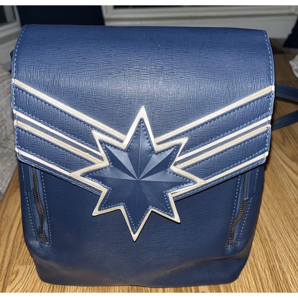 Bioworld Captain Marvel Backpack Faux Leather Navy Blue with Gold Accents